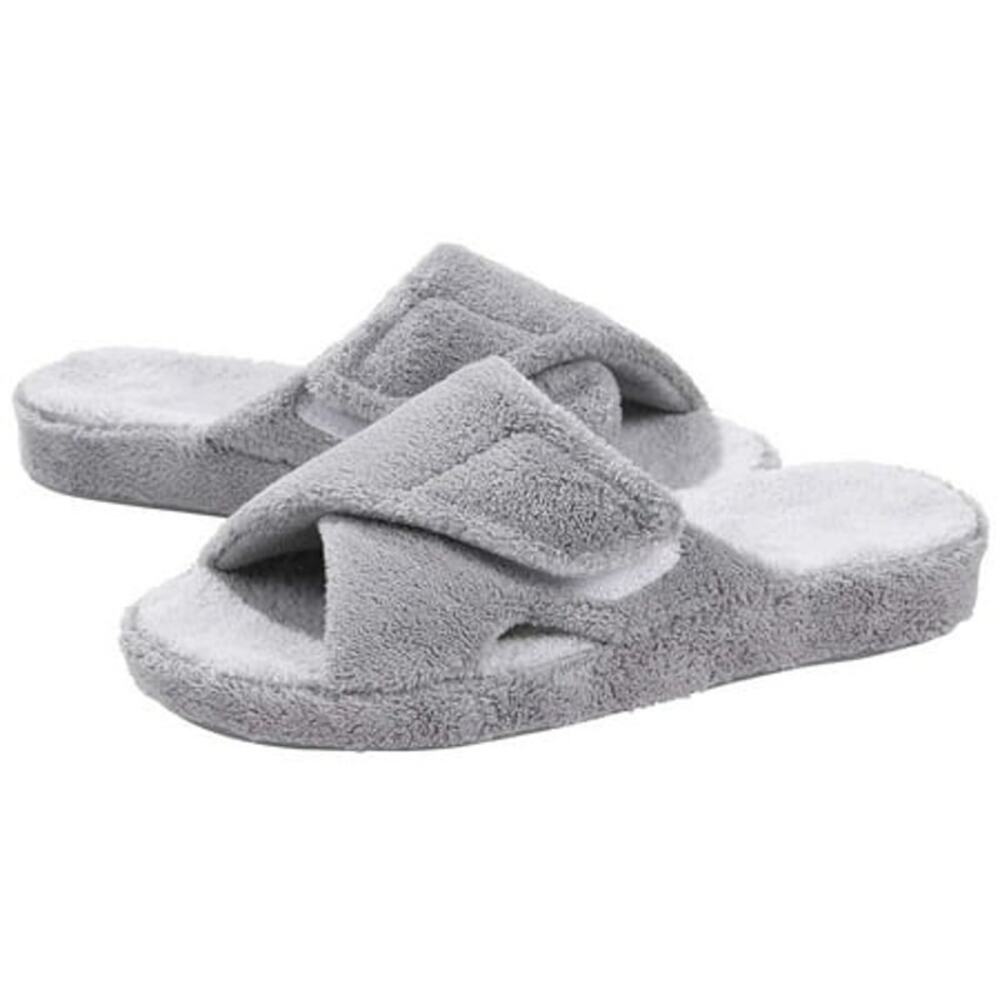 BRAND NEW ~ Gray Fuzzy Adjustable Arch Support Open Toe Slides House Slippers